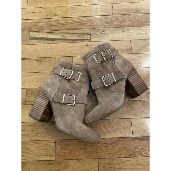 Vince Camuto Ankle Boot Simlee Wild Mushroom Heel Leather Suede Bootie Size 8 38 - Picture 5 of 7